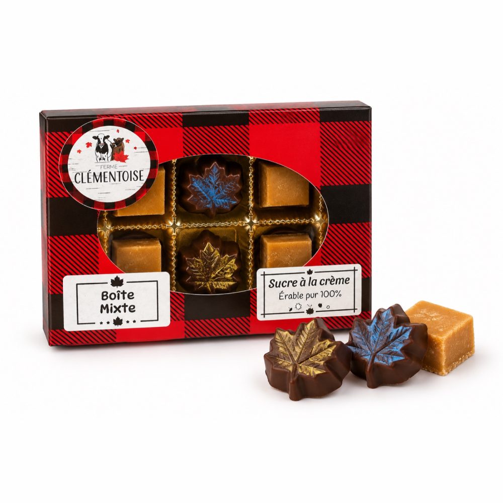 Boîte mixte de la Ferme Clémentoise : chocolats à l'érable en forme de feuille et morceaux de sucre à la crème.