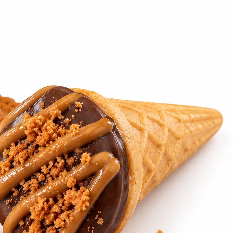 Mini cornet gourmet Biscoff, trempé dans le chocolat et garni de caramel et de miettes.
