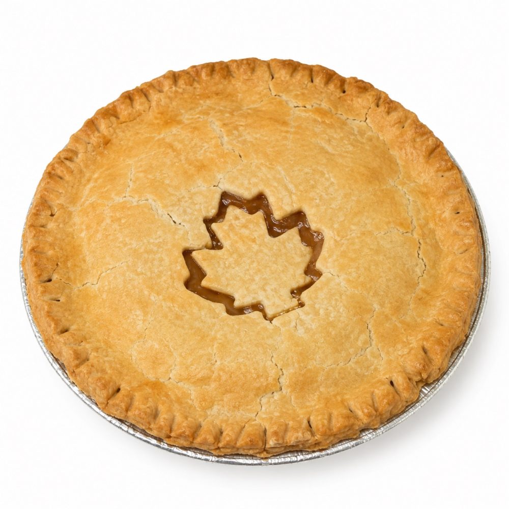 Tarte au sucre entière, croûte dorée et feuille d'érable découpée sur le dessus.
