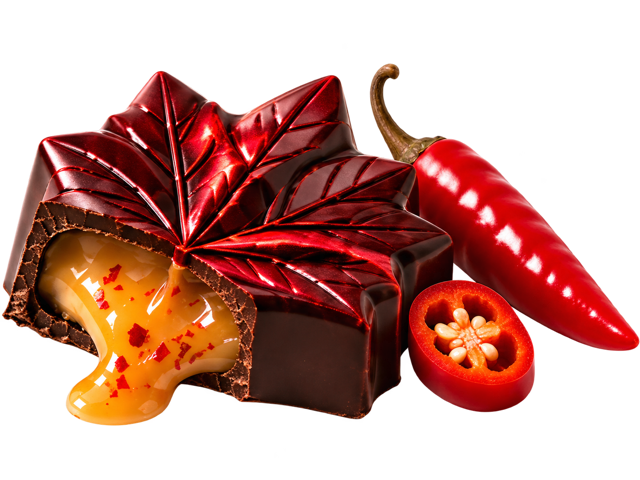 Chocolat fin à l'érable coupé, garniture coulante et piment fort rouge à côté.