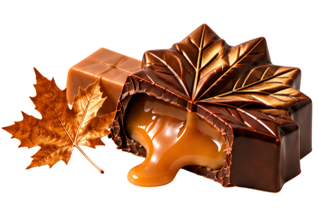 Chocolat fin à l'érable coupé, garniture de caramel coulante.