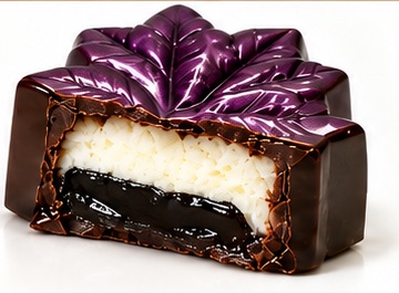Chocolat à l'érable coupé en deux : Ganache blanche à l'érable et gelée d'érable.