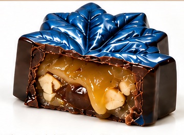 Chocolat à l'érable coupé en deux : Caramel d'érable et noix.